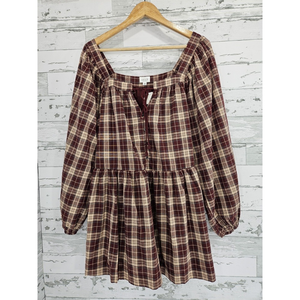 Lelis Womens Medium Harvest Checkered Mini Dress Burgundy Pockets